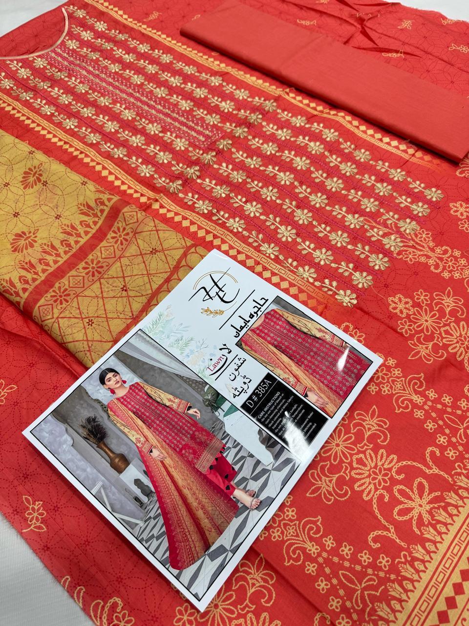 Women’s lawn embroidered dress with dyed trouser
Affordable summer embroidered suits online