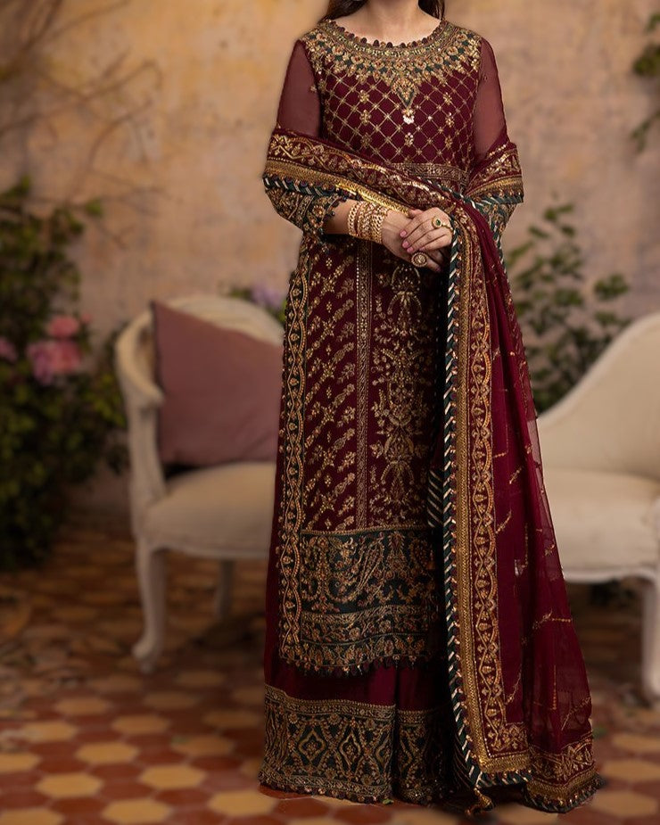 Front view of luxury chiffon embroidered wedding dress with daman border
Heavily embroidered front body with thread and sequence work