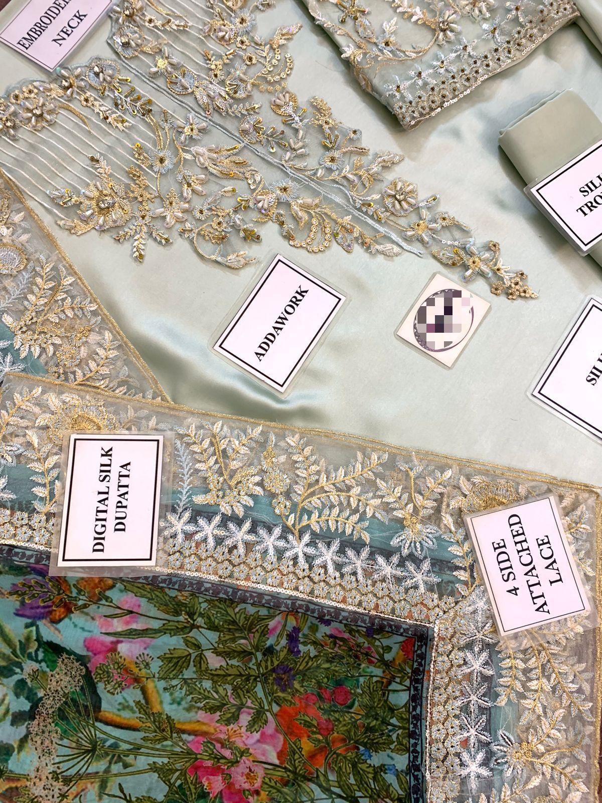 Silk Festive Collection Pakistan, Luxury Charmeuse Silk Suit, Adda Work Embroidered Dress, Festive 3-Piece Outfit 2025, Digital Printed Silk Dupatta, buyfromdanish.com