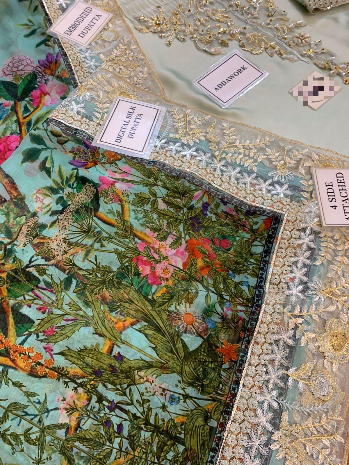Silk Festive Collection Pakistan, Luxury Charmeuse Silk Suit, Adda Work Embroidered Dress, Festive 3-Piece Outfit 2025, Digital Printed Silk Dupatta, buyfromdanish.com