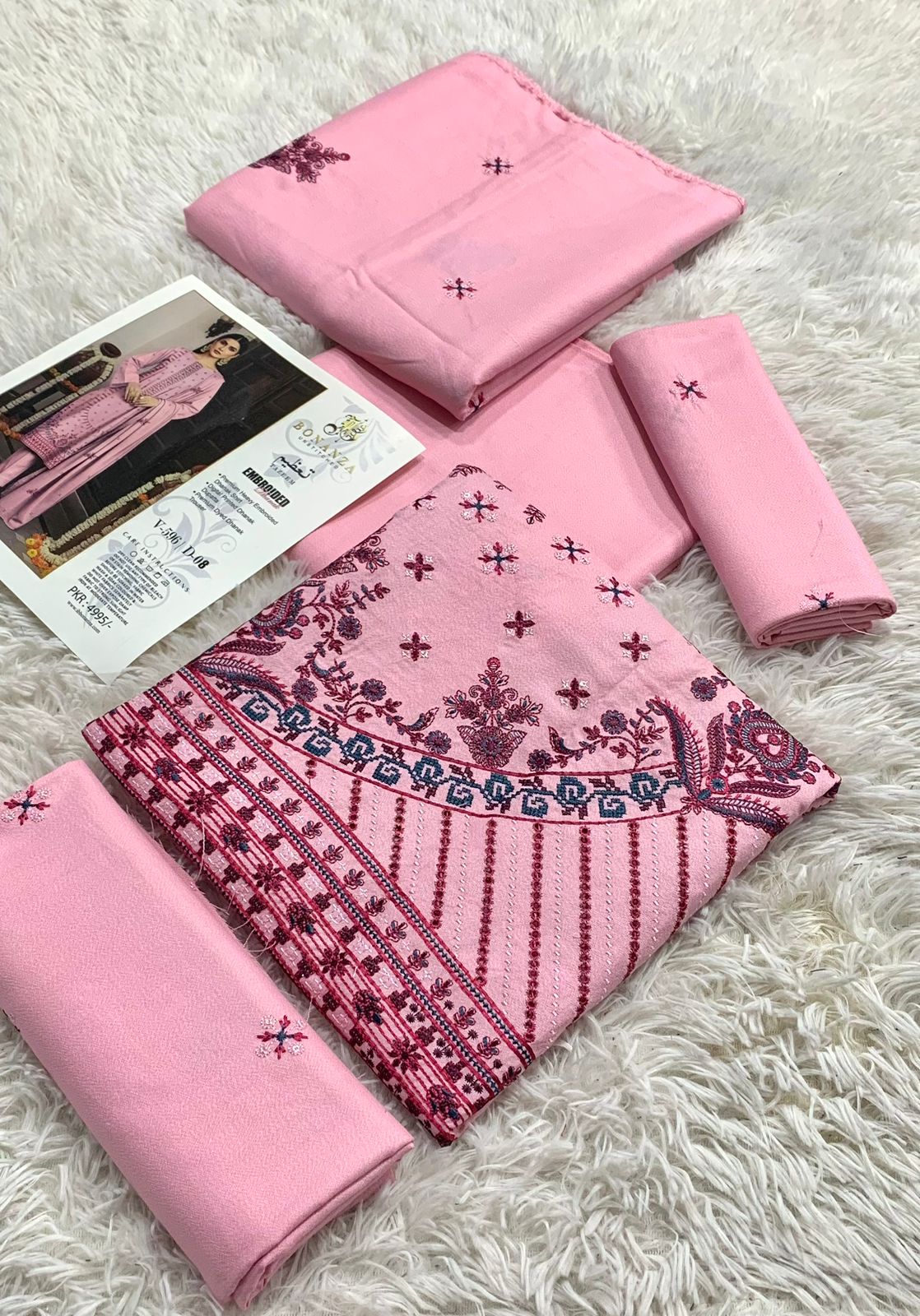 Luxury 3-piece Dhanak Marina embroidered suit with dupatta and trouser – winter outfit for women in Pakistan
