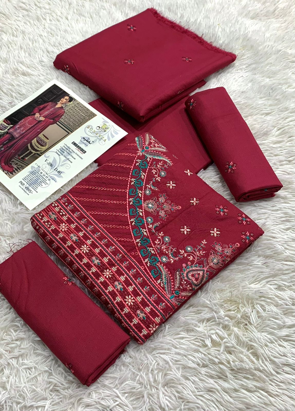 Luxury 3-piece Dhanak Marina embroidered suit with dupatta and trouser – winter outfit for women in Pakistan
