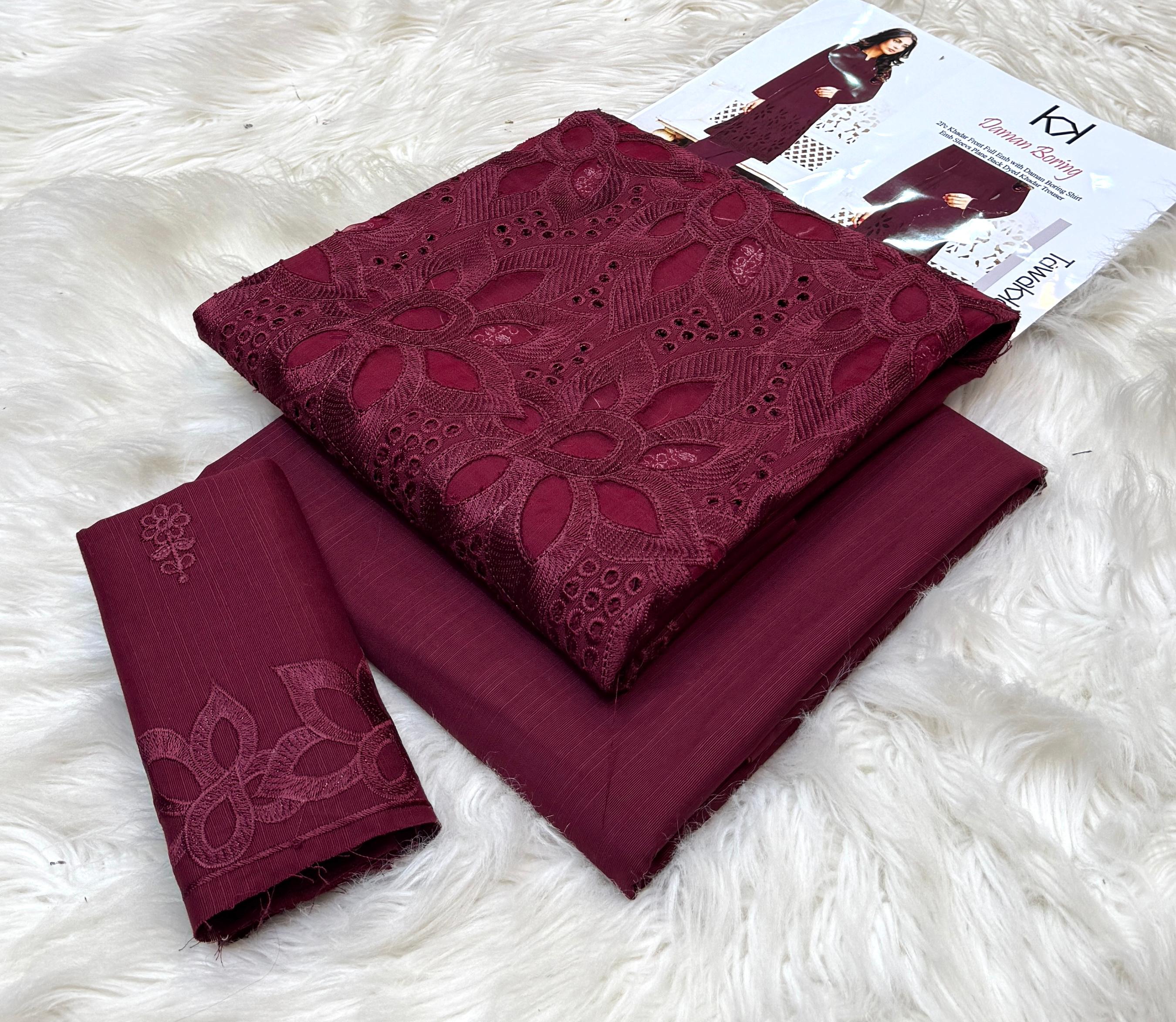 Elegant 2-piece khadar dress with fancy laser cutwork and embroidery – winter fashion outfit for women in Pakistan