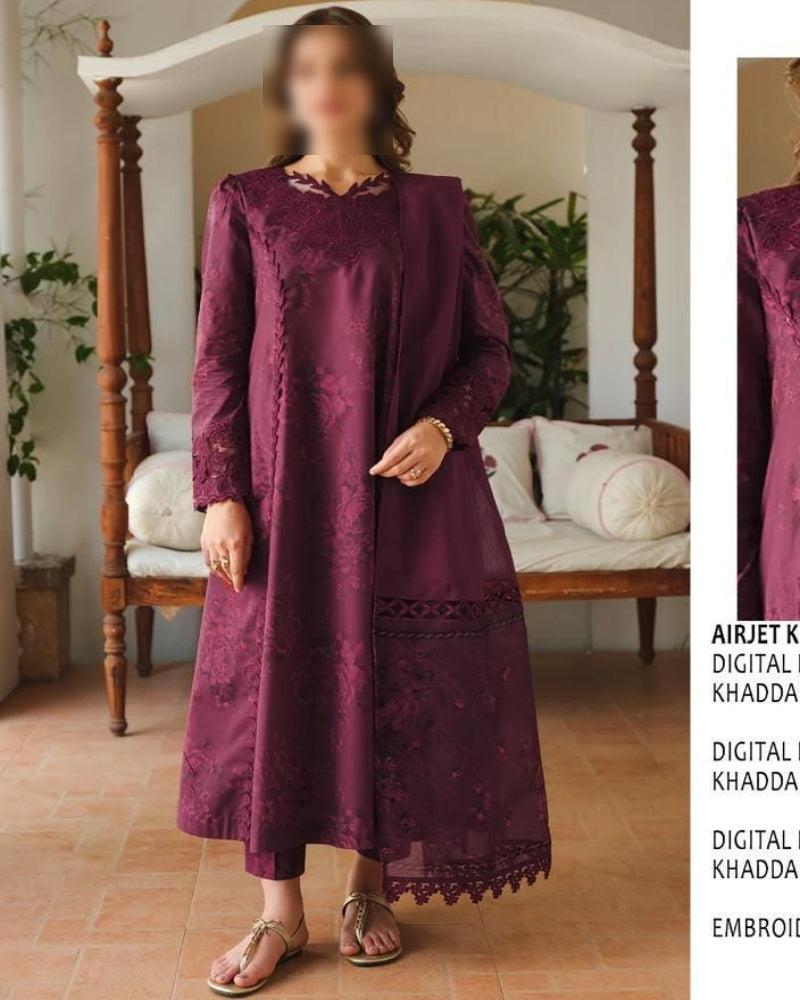 Luxury Digital Print Slub Khaddar 3-Piece Suit (Airjet Patch Collection)