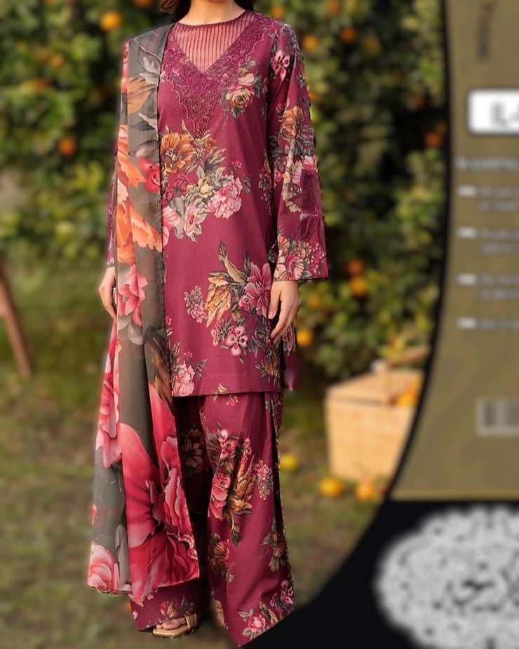 Luxury Lawn Embroidered 3-Piece Set with Chiffon Dupatta