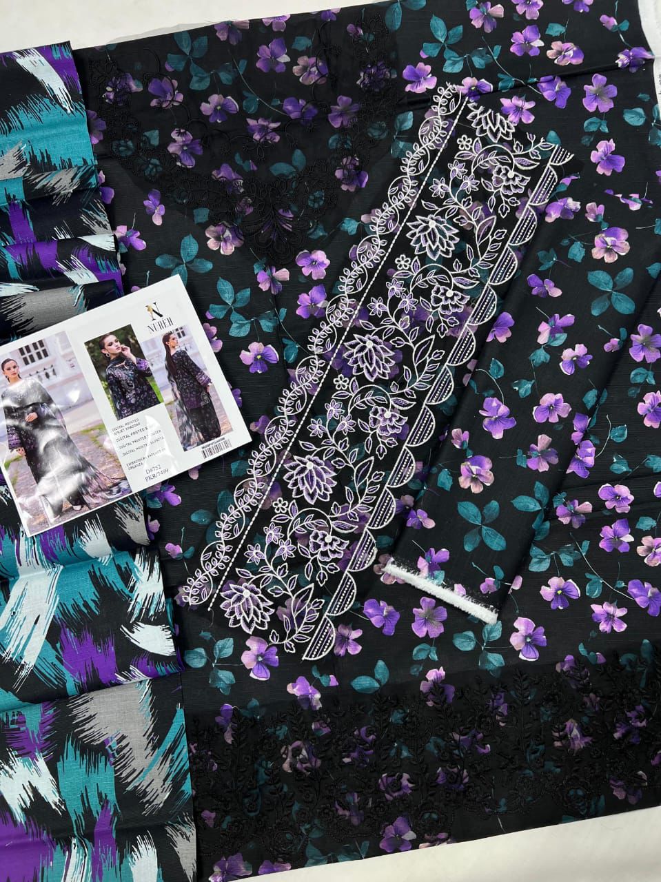 Airjet slub khaddar fabric suit with neck and daman patches Women’s winter khaddar dress with digital print and heavy embroidery