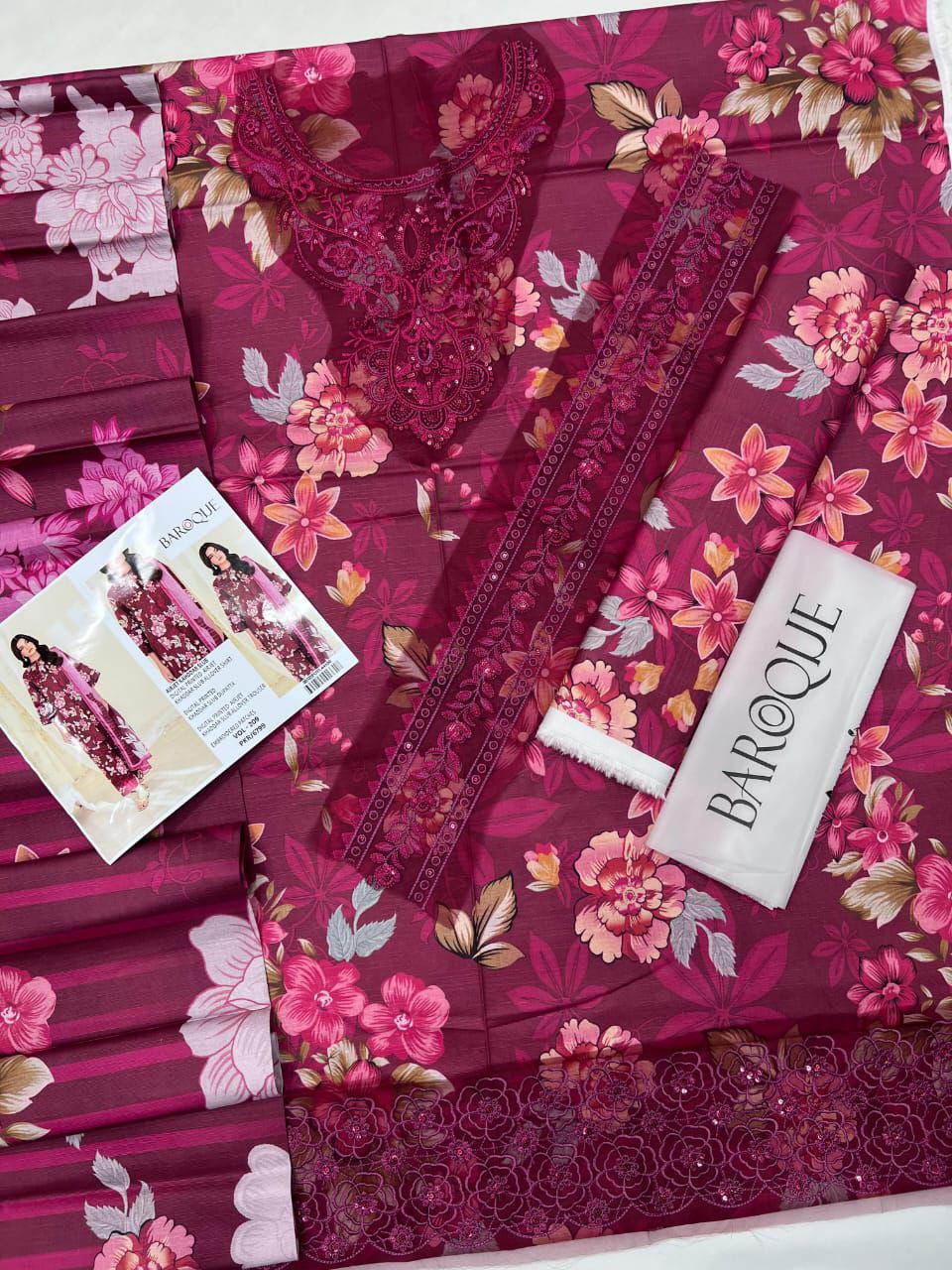 Airjet slub khaddar fabric suit with neck and daman patches Women’s winter khaddar dress with digital print and heavy embroidery