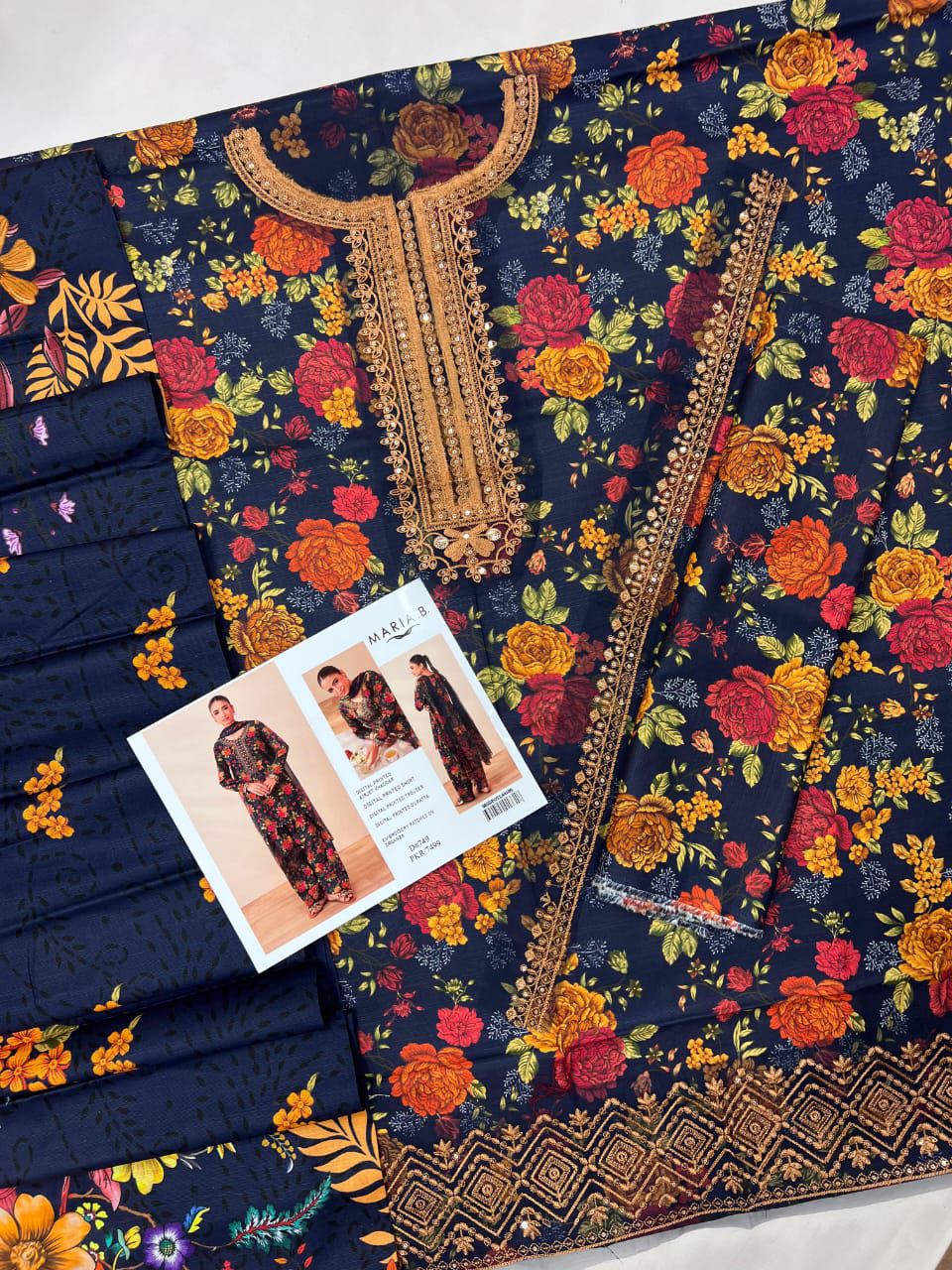 Airjet slub khaddar fabric suit with neck and daman patches Women’s winter khaddar dress with digital print and heavy embroidery