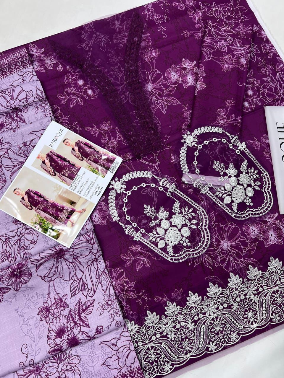 Airjet slub khaddar fabric suit with neck and daman patches Women’s winter khaddar dress with digital print and heavy embroidery