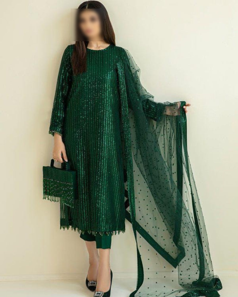 Premium chiffon embroidered 3PC suit with sequins, soft net dupatta with 4-side borders and dyed Malai trouser – buyfromdanish.com