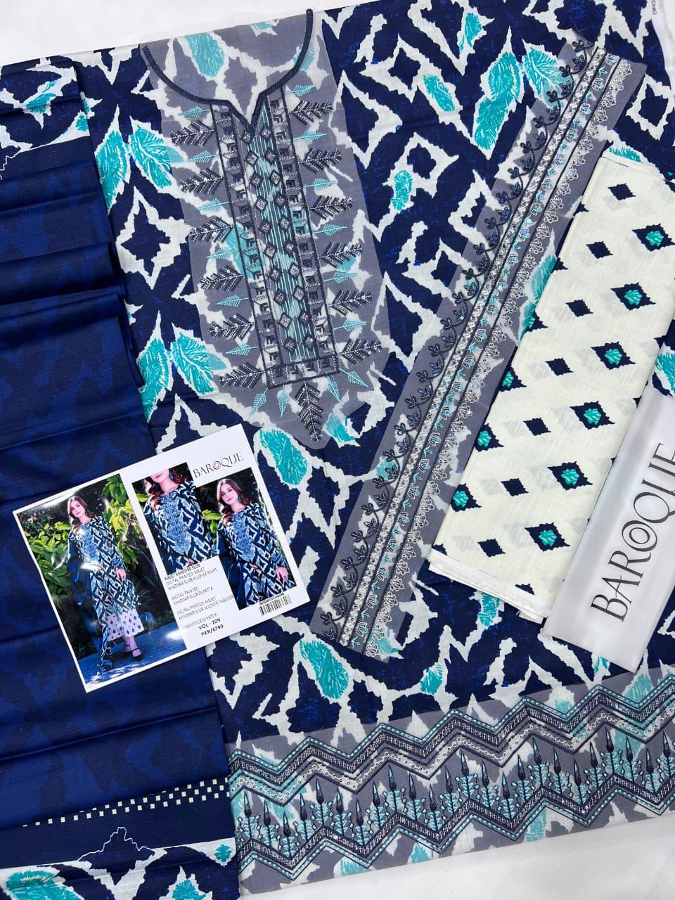 Airjet slub khaddar fabric suit with neck and daman patches Women’s winter khaddar dress with digital print and heavy embroidery
