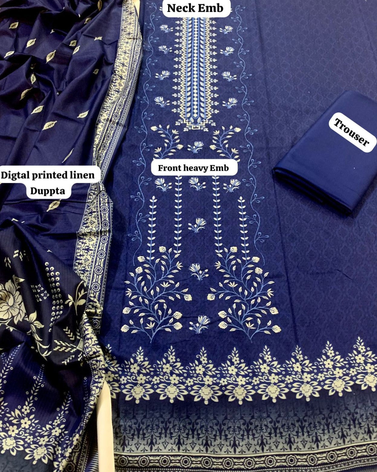 "Embroidered linen 3 piece suit with digital printed dupatta"