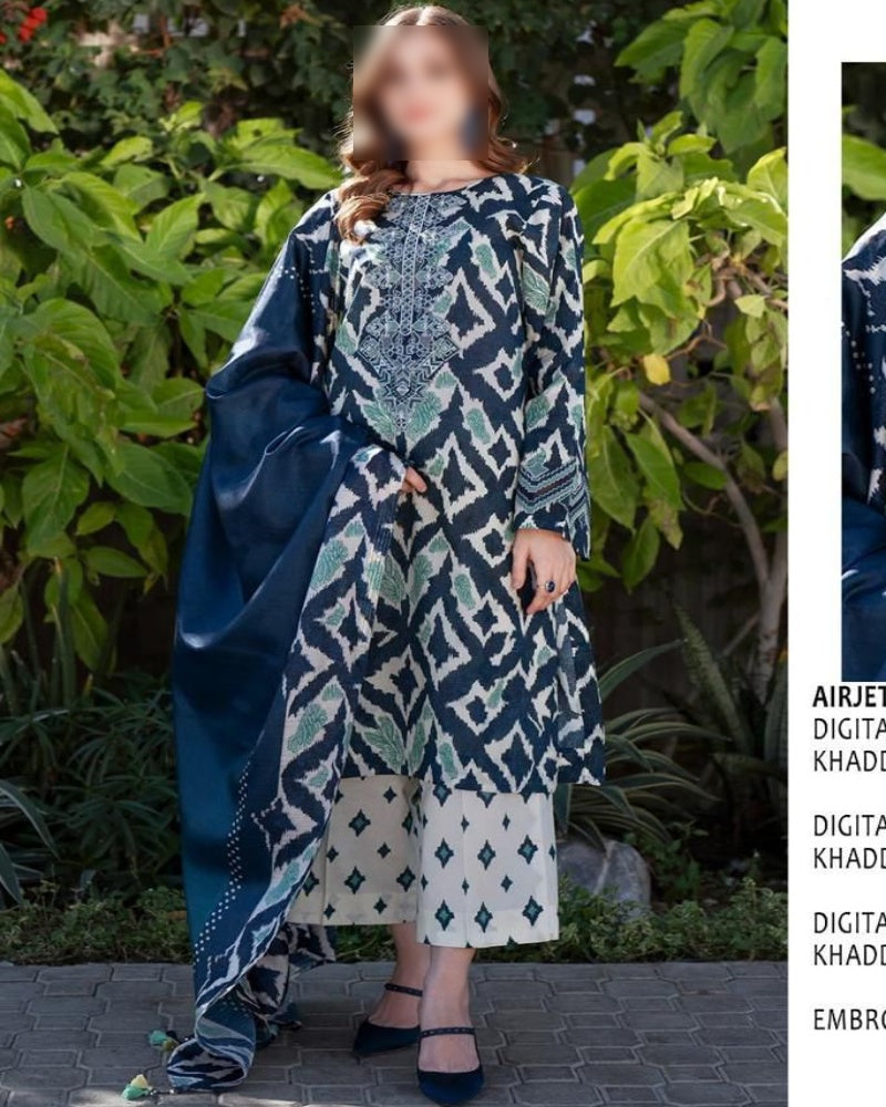 Luxury Digital Print Slub Khaddar 3-Piece Suit (Airjet Patch Collection)