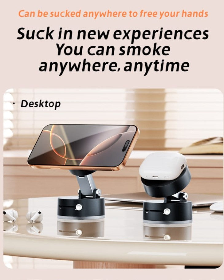 Suction cup phone holder on a desk with promotional text.