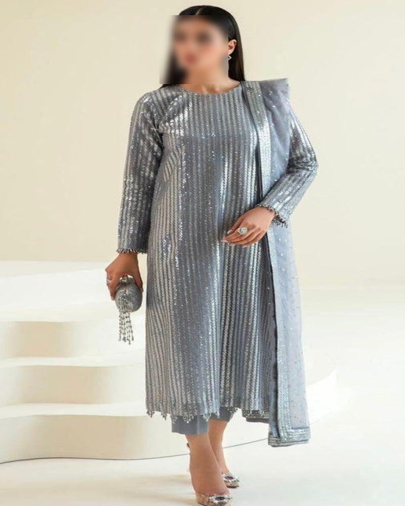 Premium chiffon embroidered 3PC suit with sequins, soft net dupatta with 4-side borders and dyed Malai trouser – buyfromdanish.com