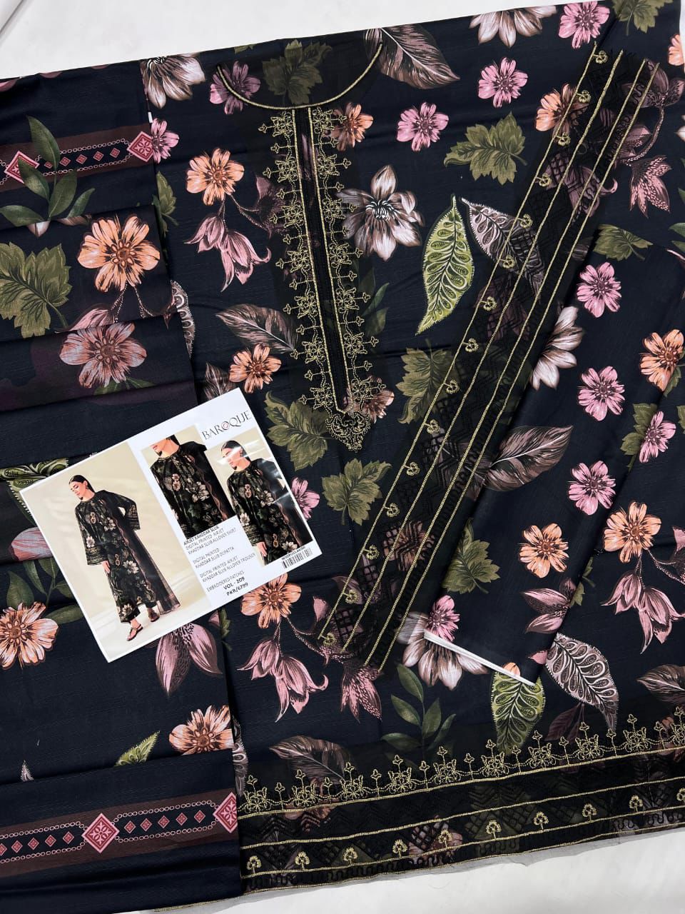 Airjet slub khaddar fabric suit with neck and daman patches Women’s winter khaddar dress with digital print and heavy embroidery
