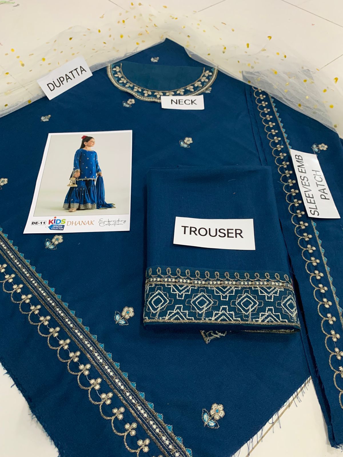 Kids 3-piece embroidered dhanak winter suit unstitched