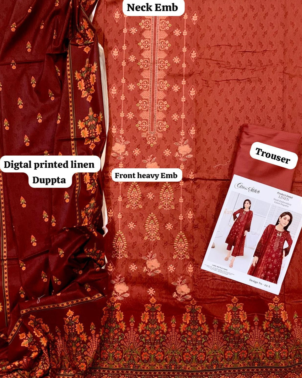 "Embroidered linen 3 piece suit with digital printed dupatta"