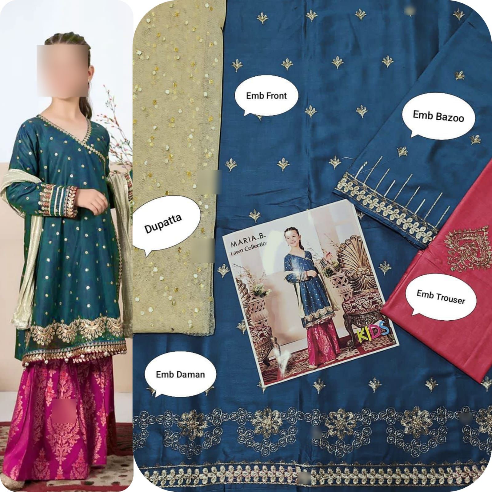 Kids Luxury Cotton Lawn Embroidered 3Pc Suit