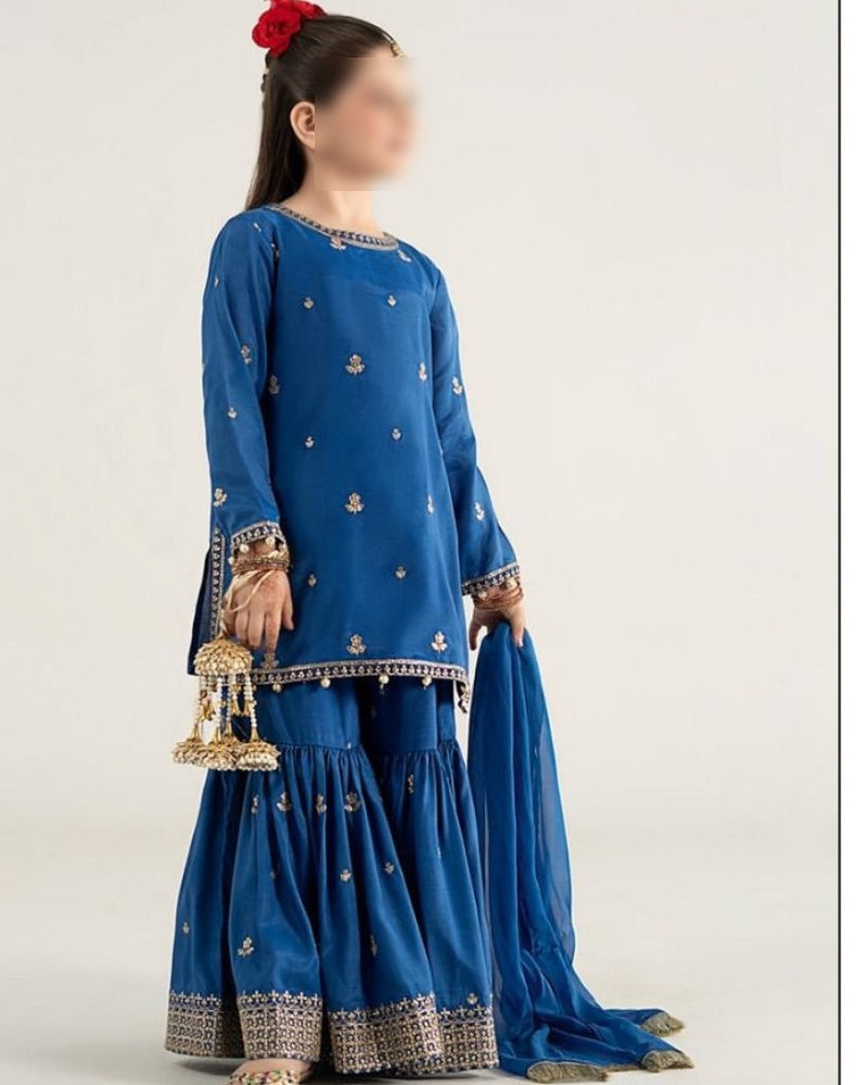 Kids 3-piece embroidered dhanak winter suit unstitched