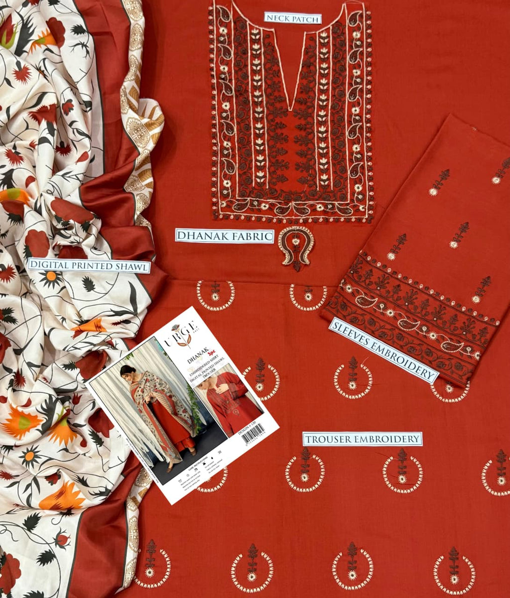 Luxury winter embroidered Dhanak 3-piece suit with shawl
