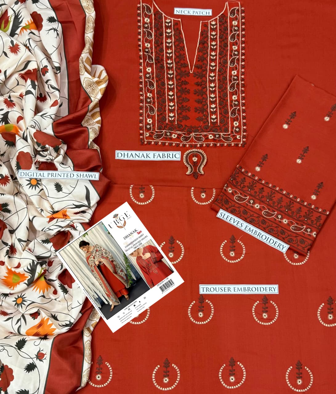 Luxury winter embroidered Dhanak 3-piece suit with shawl