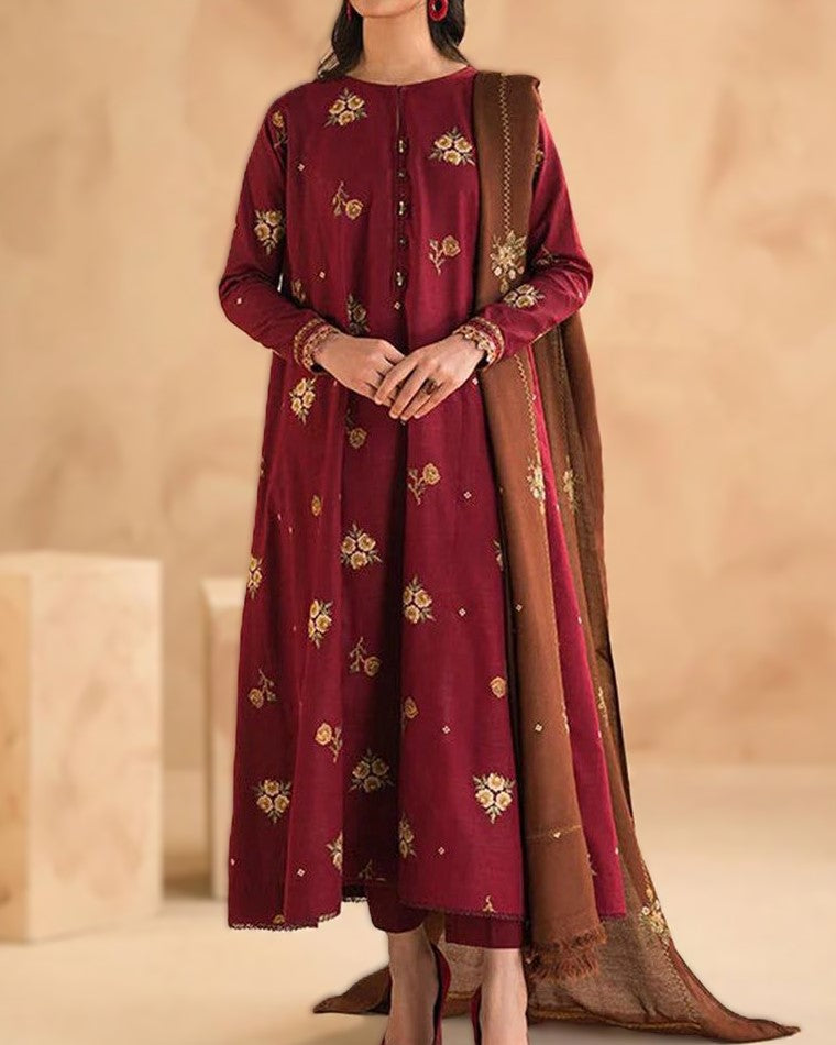 Luxury winter embroidered Dhanak 3-piece suit with shawl