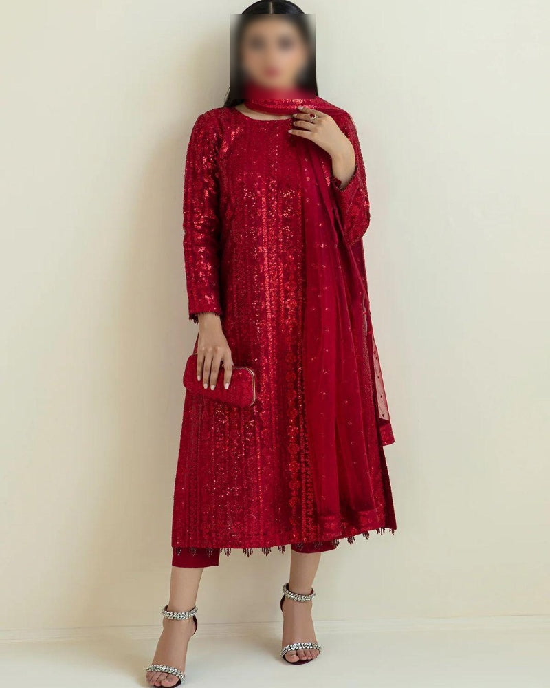 Premium chiffon embroidered 3PC suit with sequins, soft net dupatta with 4-side borders and dyed Malai trouser – buyfromdanish.com