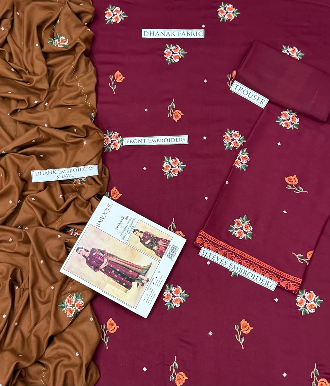 Luxury winter embroidered Dhanak 3-piece suit with shawl