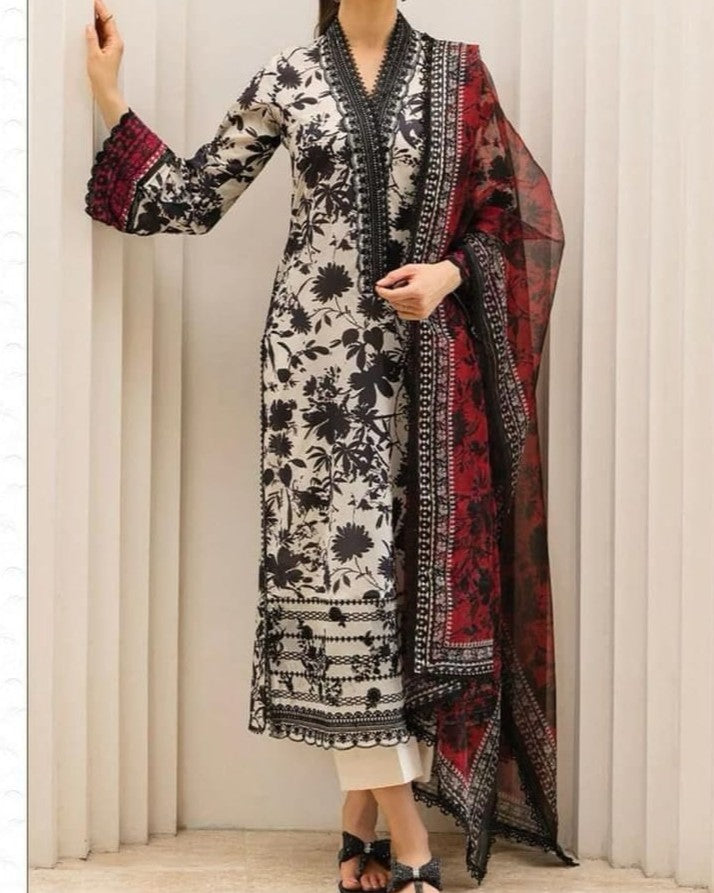 Luxury Lawn Embroidered 3-Piece Set with Chiffon Dupatta