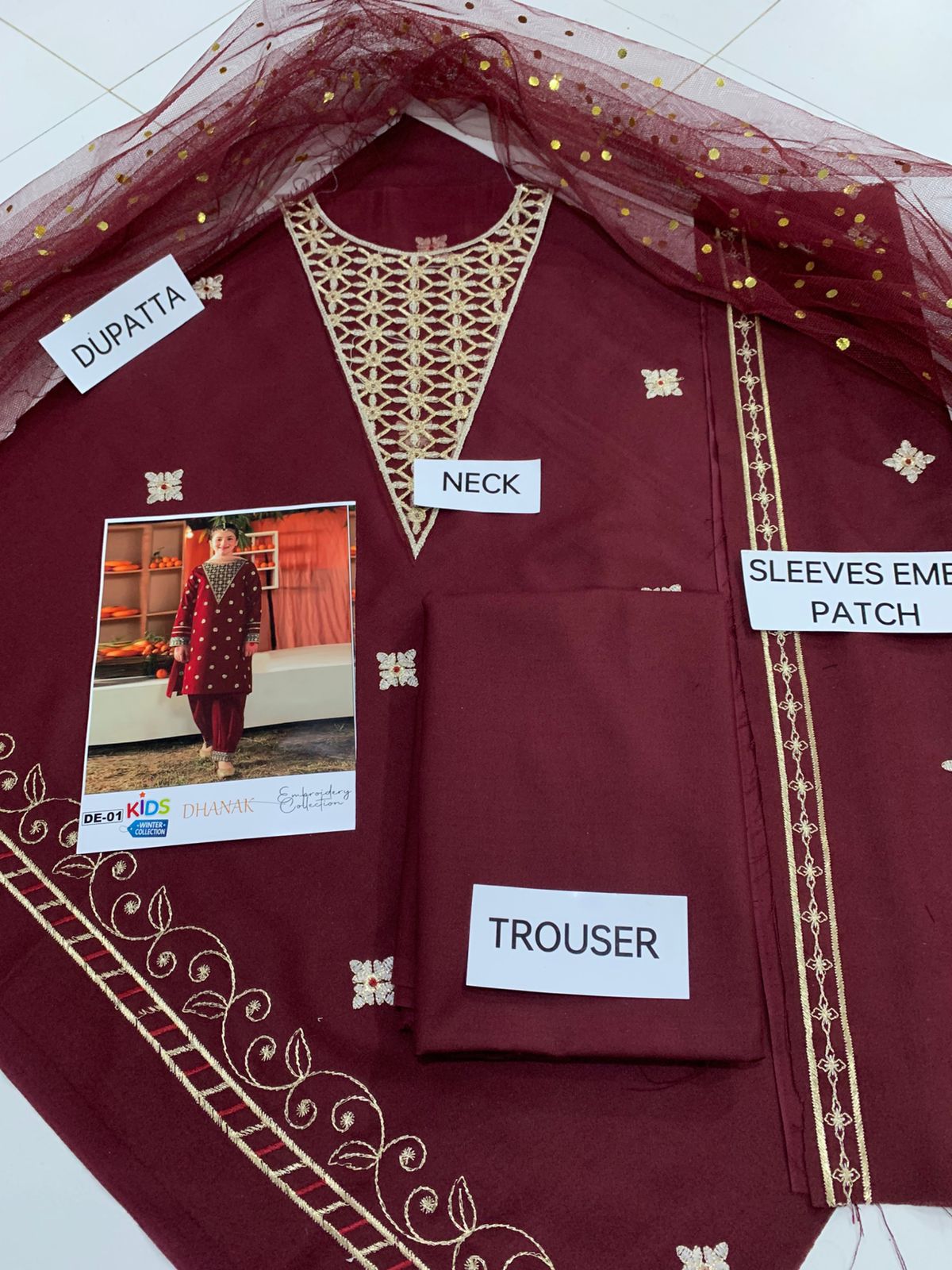 Kids 3-Piece Embroidered Dhanak Winter Suit (Unstitched)