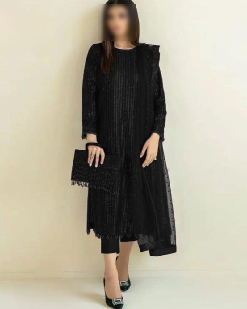 Premium chiffon embroidered 3PC suit with sequins, soft net dupatta with 4-side borders and dyed Malai trouser – buyfromdanish.com