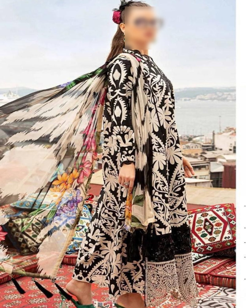 Airjet slub khaddar fabric suit with neck and daman patches Women’s winter khaddar dress with digital print and heavy embroidery