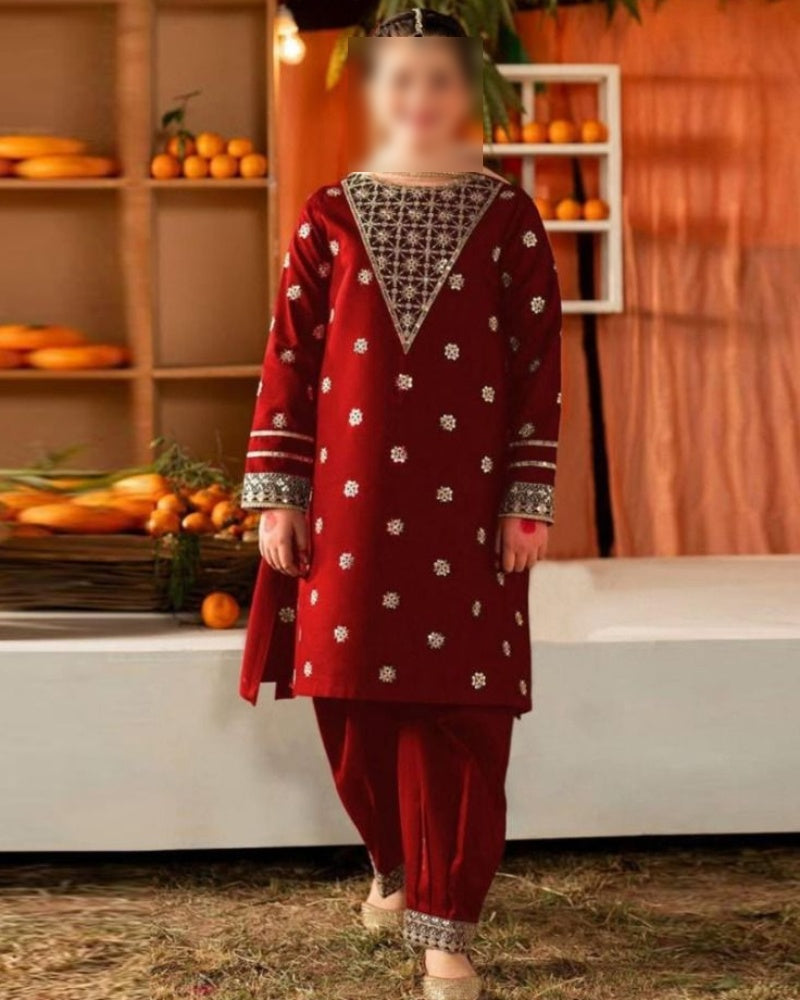 Kids 3-Piece Embroidered Dhanak Winter Suit (Unstitched)