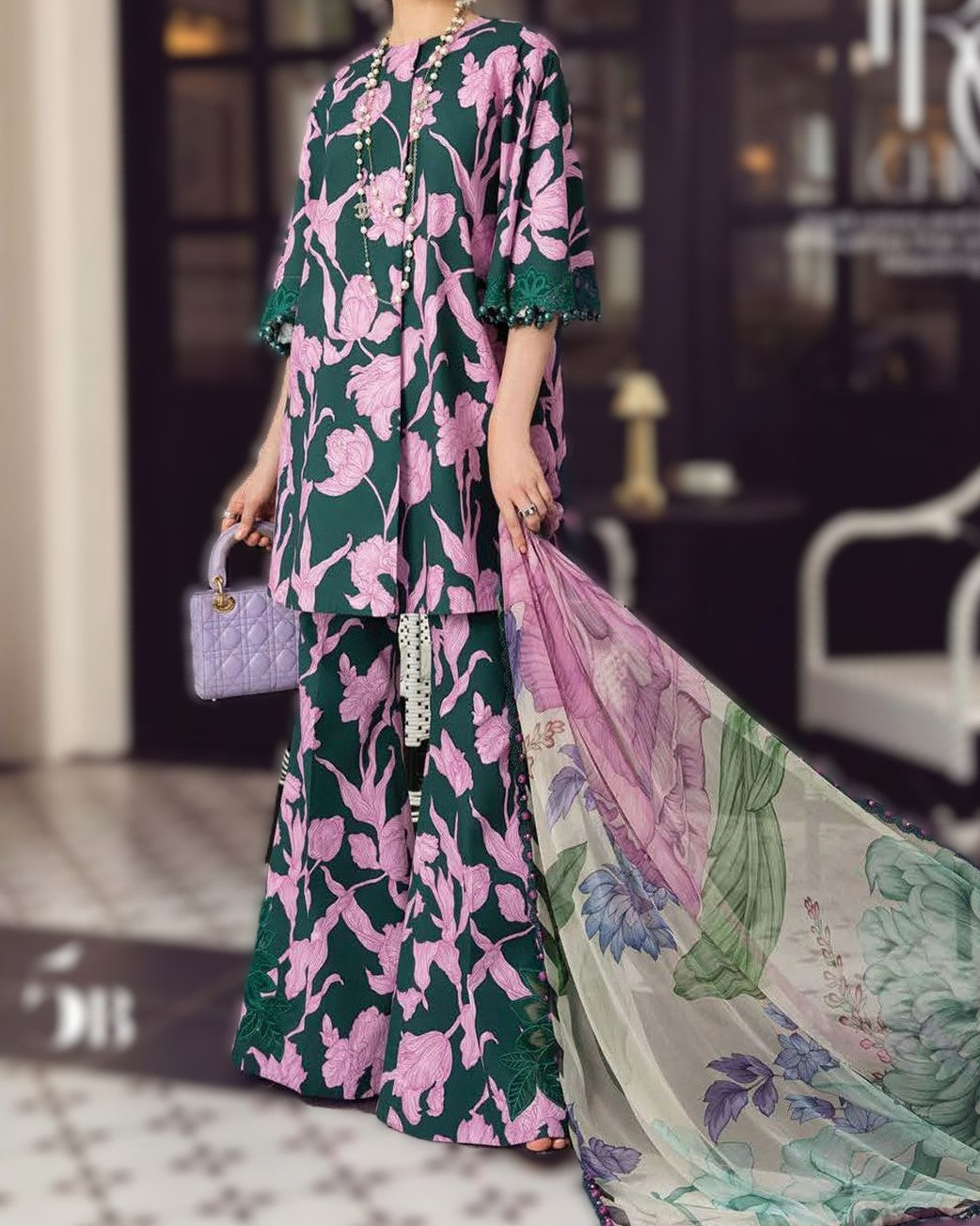 Luxury Lawn Embroidered 3-Piece Set with Chiffon Dupatta
