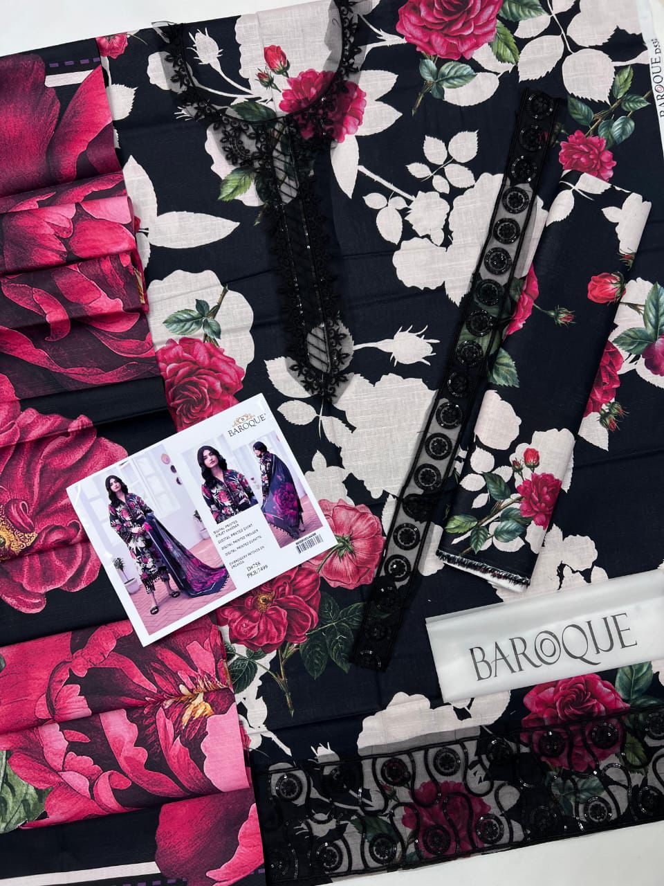 Airjet slub khaddar fabric suit with neck and daman patches Women’s winter khaddar dress with digital print and heavy embroidery