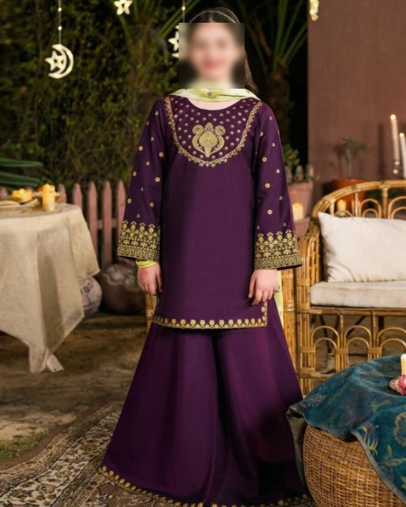 Kids 3-Piece Embroidered Dhanak Winter Suit (Unstitched)