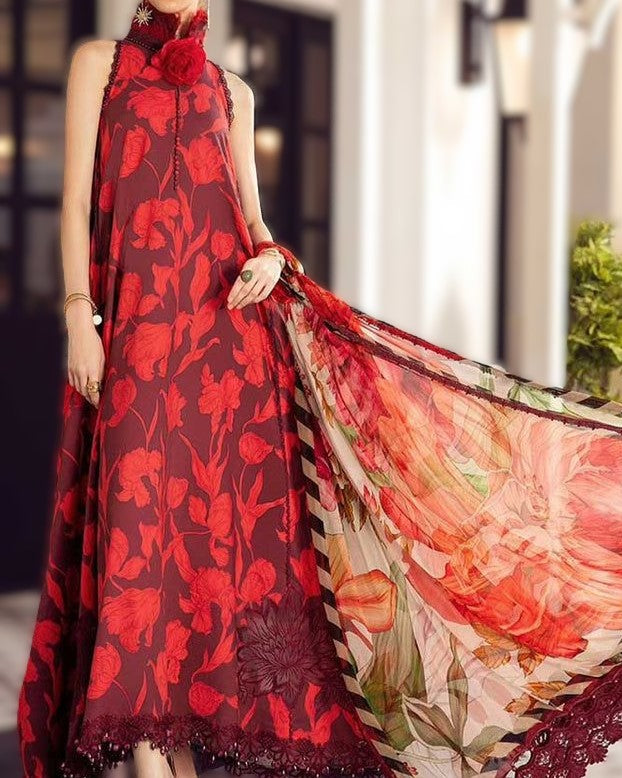 Luxury Lawn Embroidered 3-Piece Set with Chiffon Dupatta