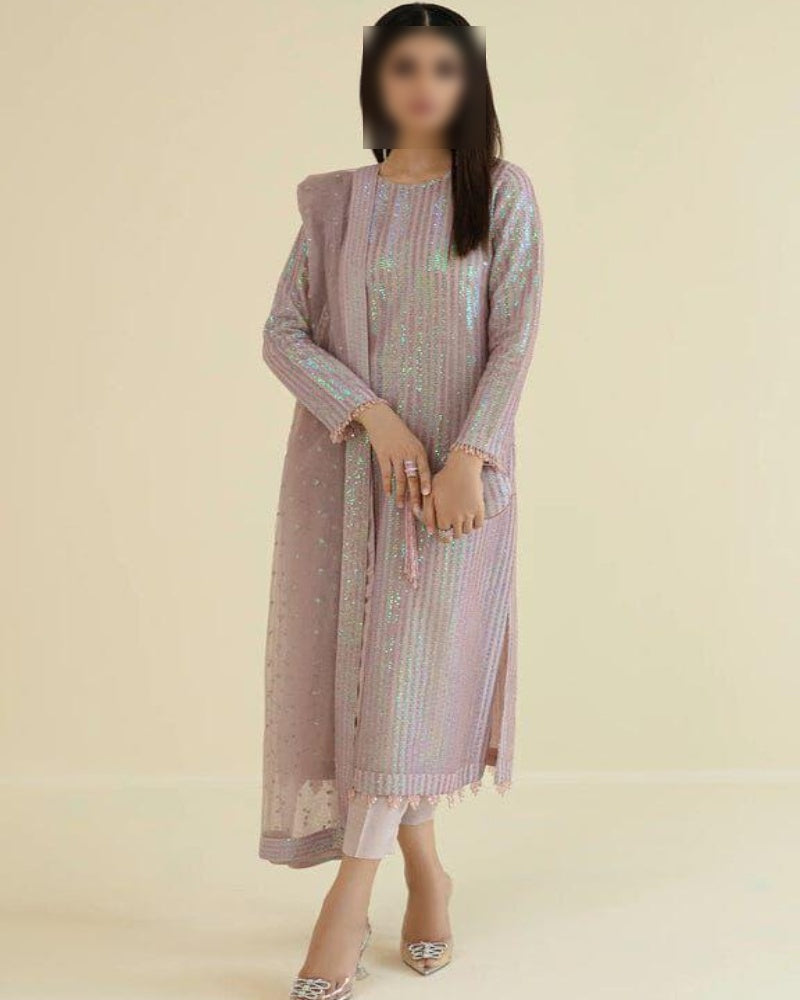 Premium chiffon embroidered 3PC suit with sequins, soft net dupatta with 4-side borders and dyed Malai trouser – buyfromdanish.com
