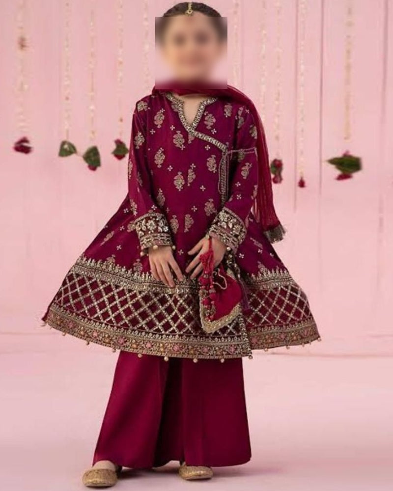 Kids 3-Piece Embroidered Dhanak Winter Suit (Unstitched)