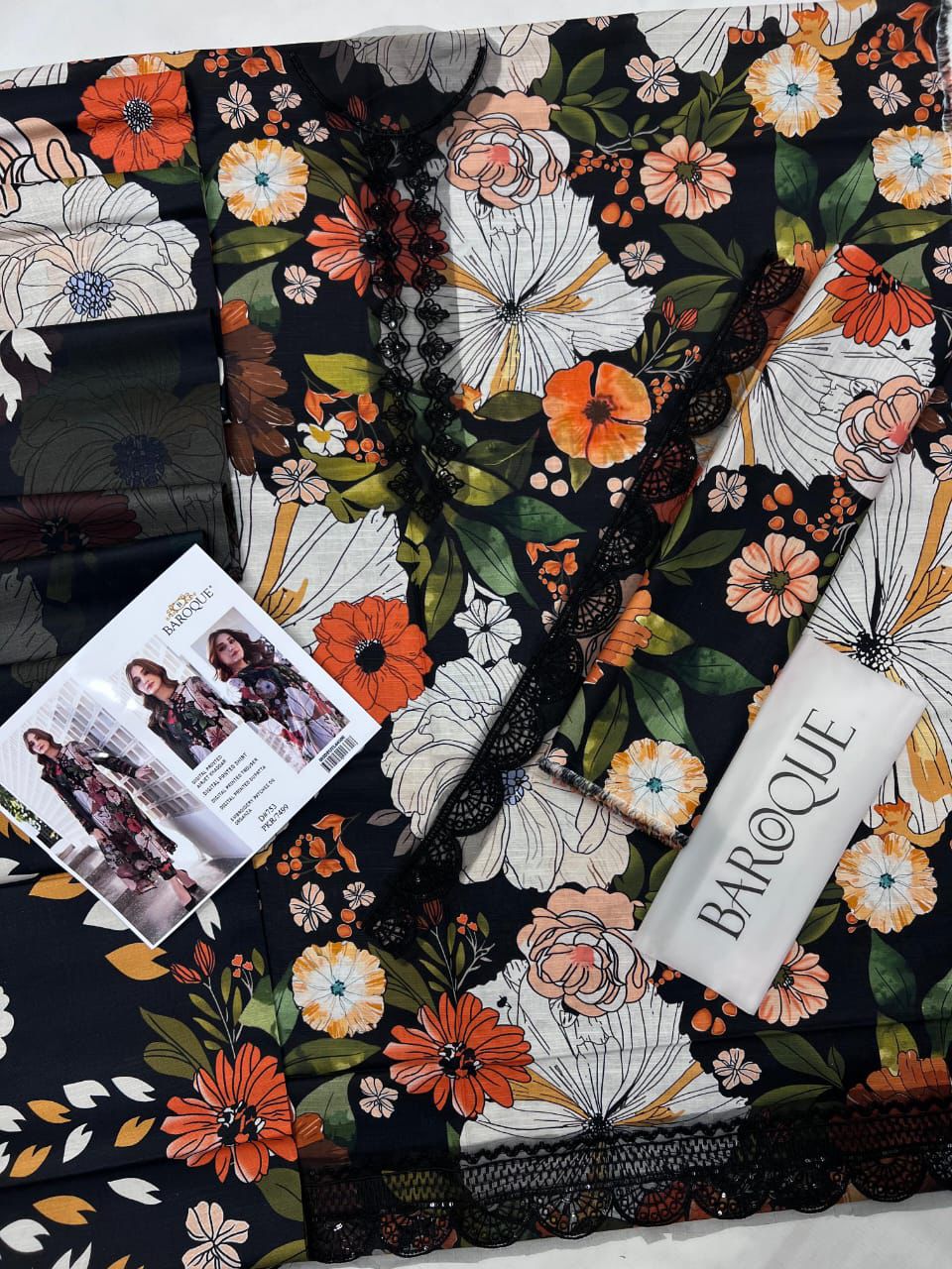 Airjet slub khaddar fabric suit with neck and daman patches Women’s winter khaddar dress with digital print and heavy embroidery