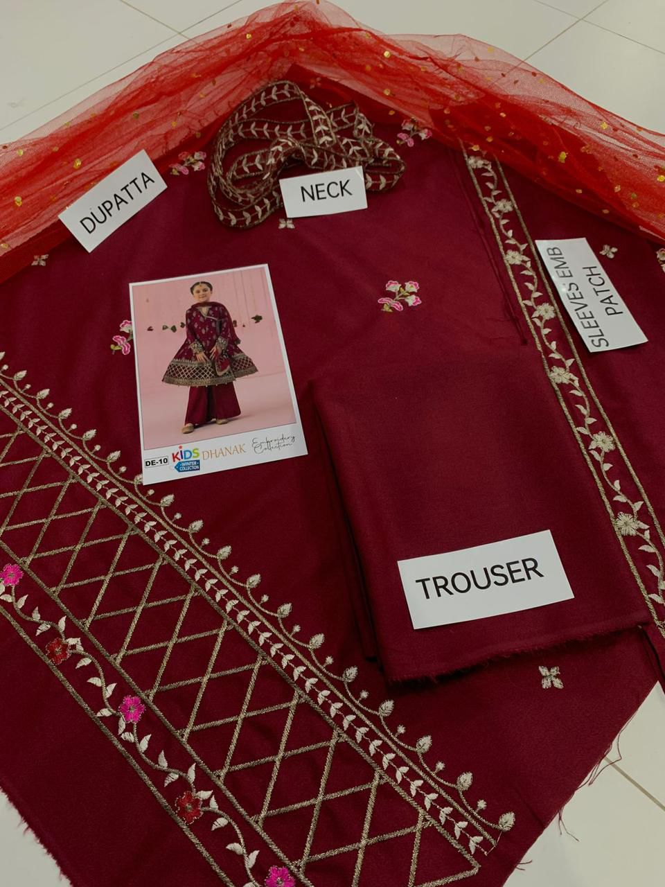 Kids 3-Piece Embroidered Dhanak Winter Suit (Unstitched)