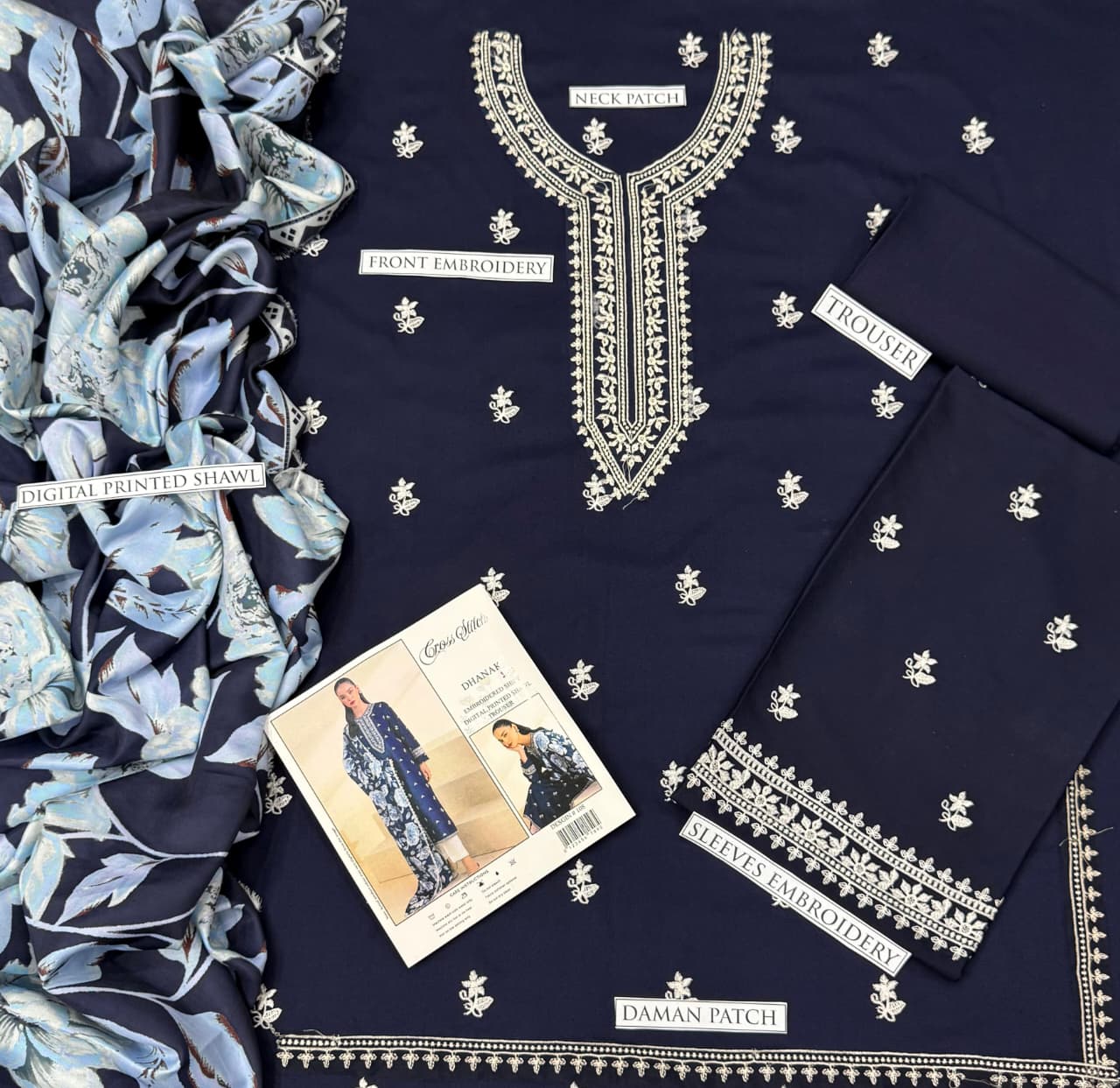 Luxury winter embroidered Dhanak 3-piece suit with shawl