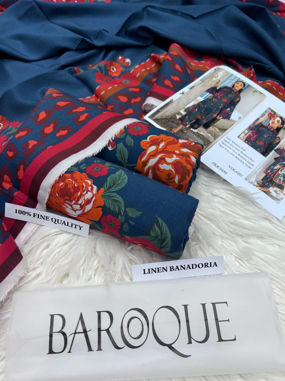 Floral patterned fabric with 'Baroque' branding and product information on a white surface.