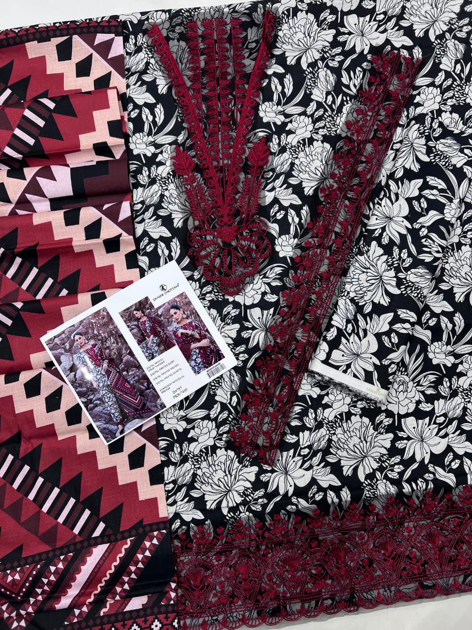 Airjet slub khaddar fabric suit with neck and daman patches Women’s winter khaddar dress with digital print and heavy embroidery