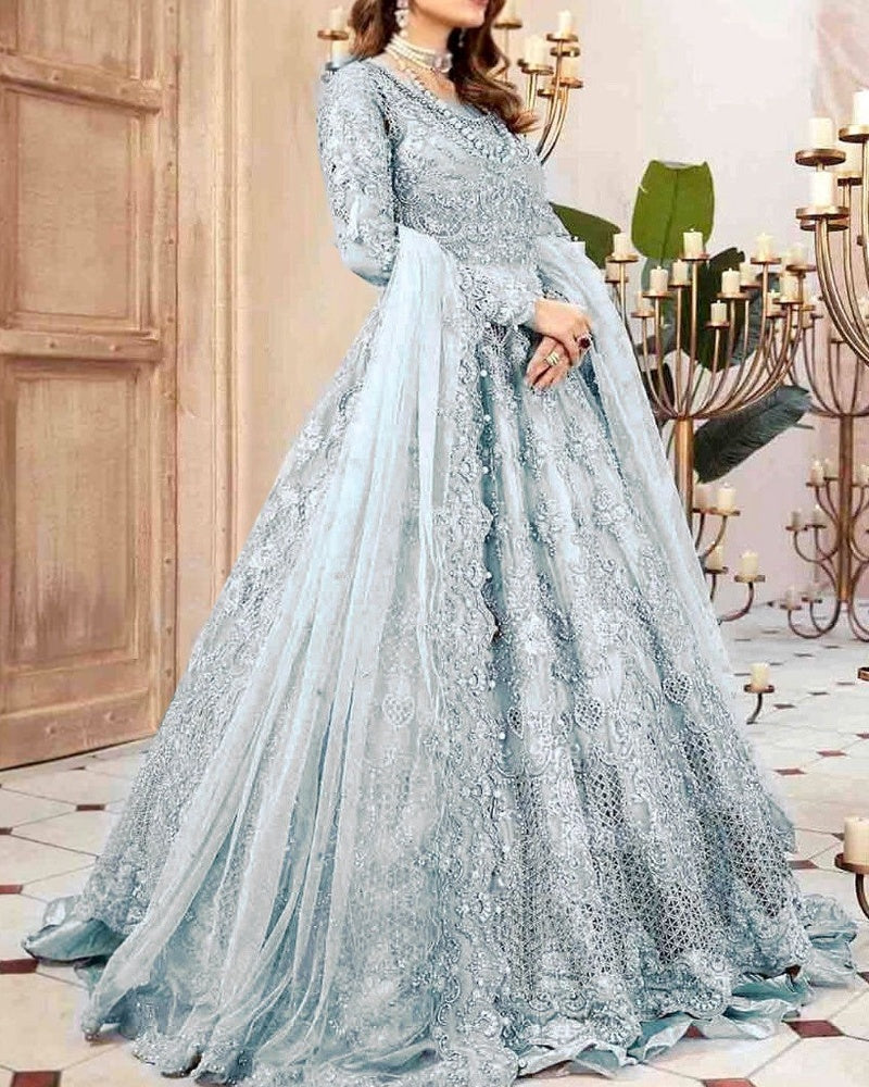 Luxury Bridal Wedding Edition – Net Embroidered Frock with Silk Trouser