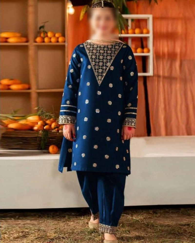 Kids 3-piece embroidered dhanak winter suit unstitched