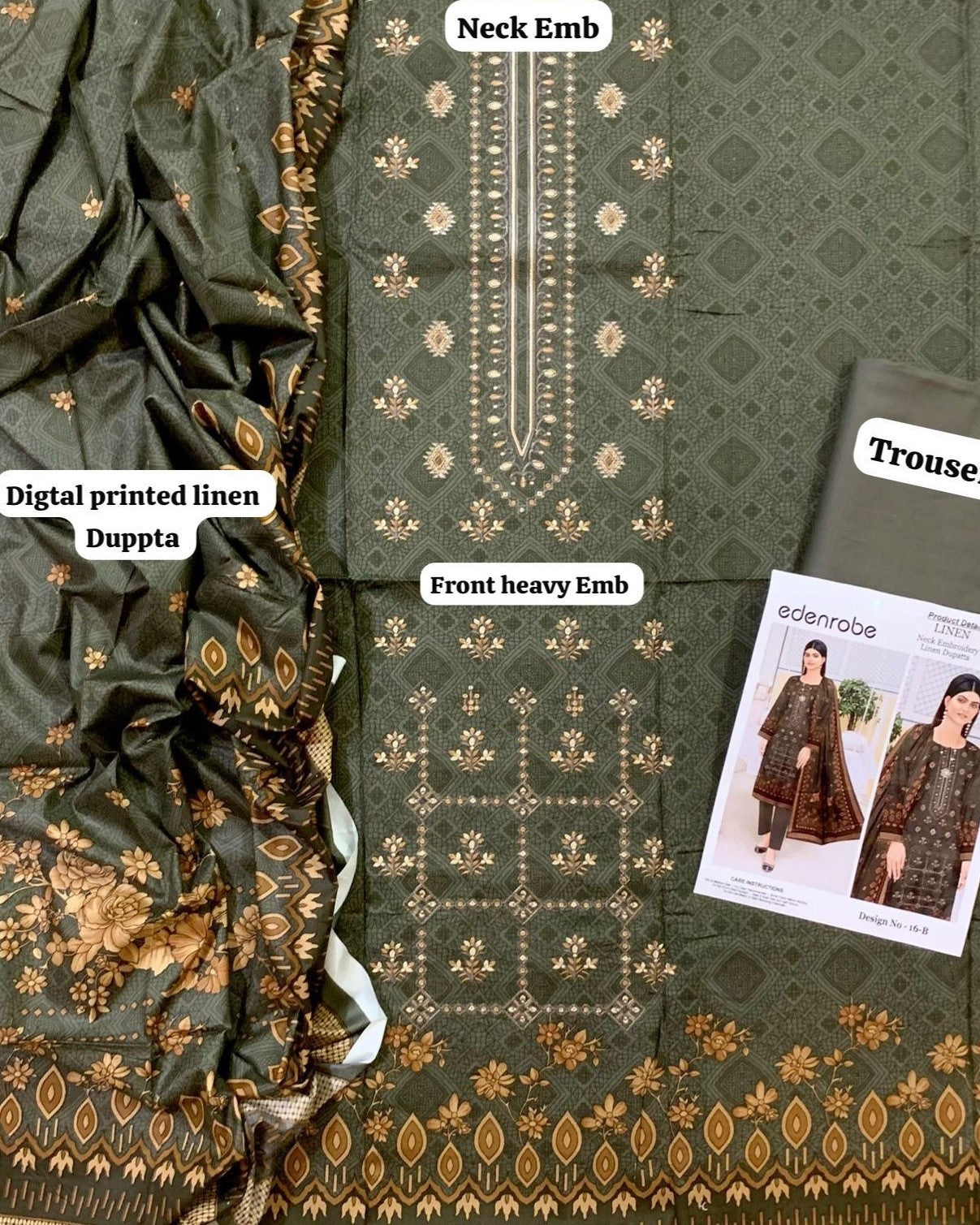 "Trendy linen embroidered shirt with plain trouser and dupatta"