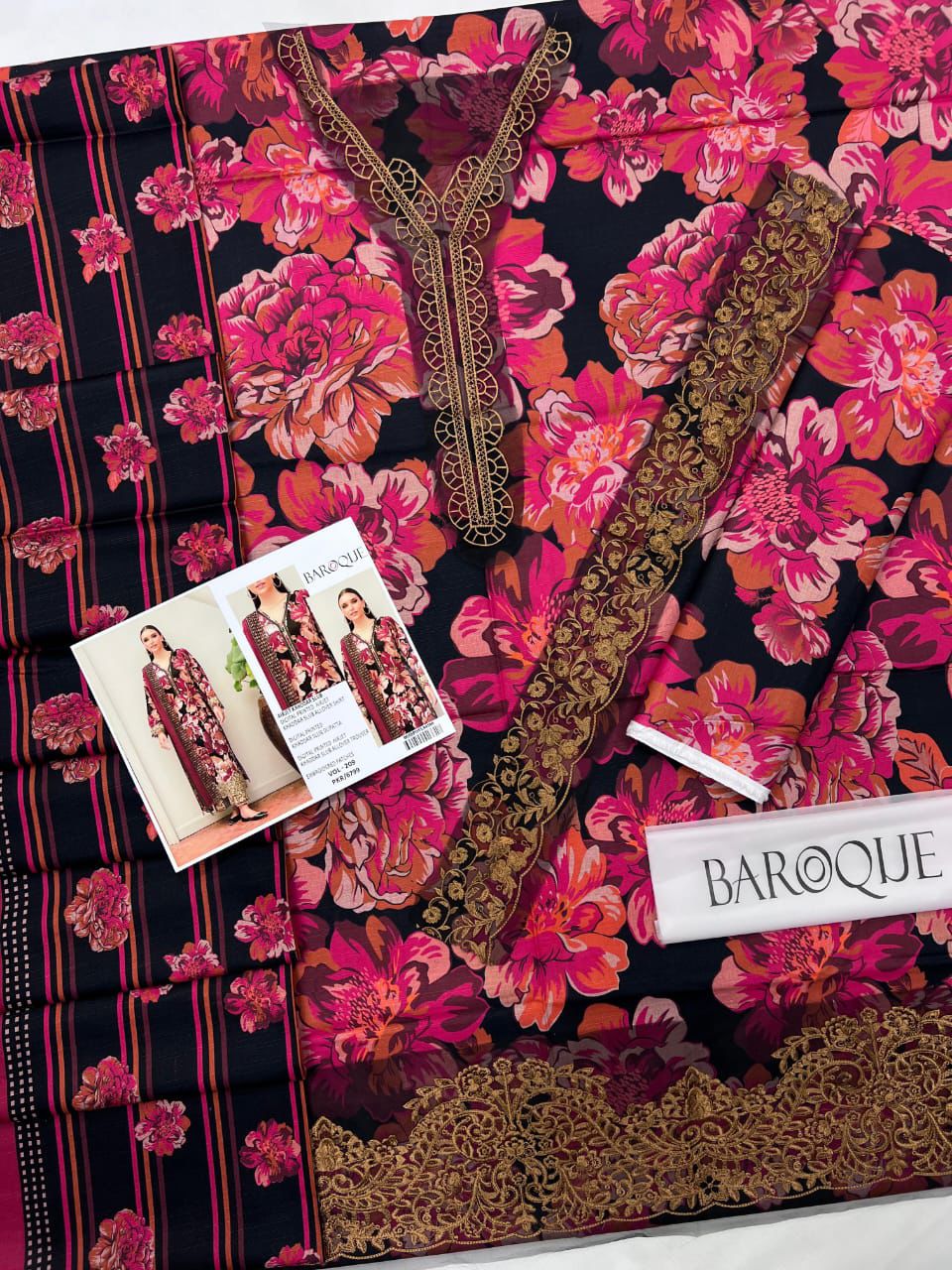 Airjet slub khaddar fabric suit with neck and daman patches Women’s winter khaddar dress with digital print and heavy embroidery