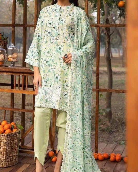 Luxury Lawn Embroidered 3-Piece Set with Chiffon Dupatta